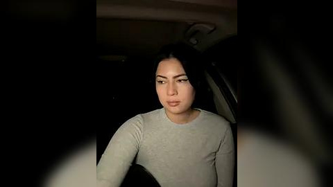 Media: A video of a young Asian woman with long black hair, fair skin, and wearing a gray long-sleeve top, sitting in a dimly lit car. The background is dark, with indistinct shapes and a hint of a ceiling light.