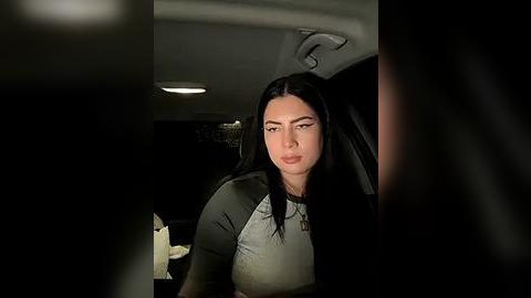 Media: Video of a young woman with long black hair, wearing a gray and black long-sleeved shirt, sitting in a dimly lit car.