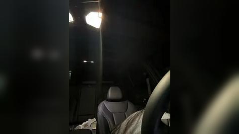 Media: Video of a dimly lit, spacious van interior with a person wearing a hat, reclined in a gray seat, surrounded by dark, shadowy elements, creating a mysterious, almost cinematic atmosphere.