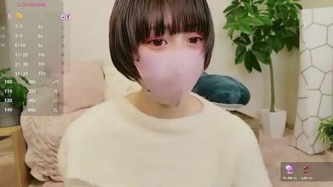 Media: Video of a young woman with short brown hair, wearing a white mask, sitting on a beige couch. Background includes a green plant and a hexagonal screen.