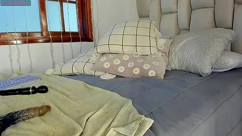 Media: Video of a neatly made bed with white headboard, pillows, and a beige blanket, featuring a green remote control, a white keyboard, and a vibrator on the bed.