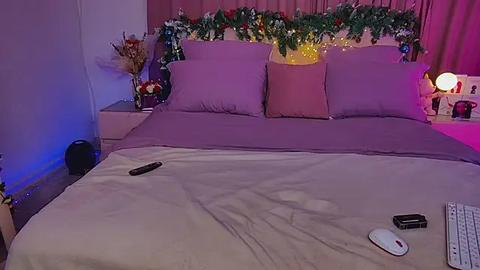 Media: Video of a cozy bedroom with a neatly made bed, purple pillows, a beige comforter, and a white mouse on the bedside table. The room has festive decorations and warm lighting.