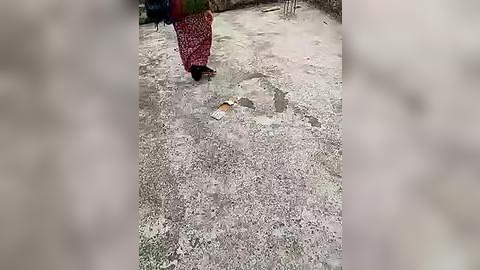 Media: Video of a person walking on a dusty, uneven path, wearing a colorful, patterned skirt and carrying a small bag. The background includes partial structures and a blurry, textured ground.