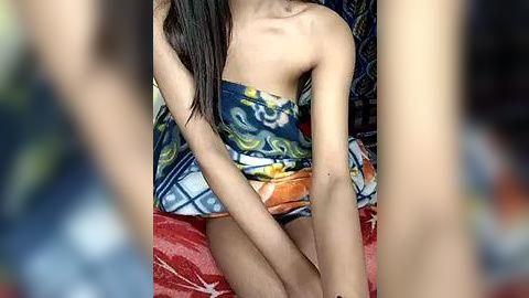 Media: A video of a young, slender Asian woman with long black hair, wearing a colorful, strapless dress, sitting on a red patterned blanket in a dimly lit room.