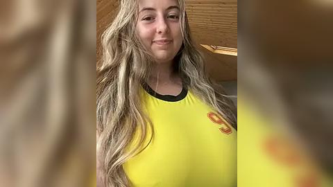 Media: A video of a young woman with long, wavy blonde hair, wearing a yellow sports shirt, smiling confidently, with a blurred background of wooden beams.