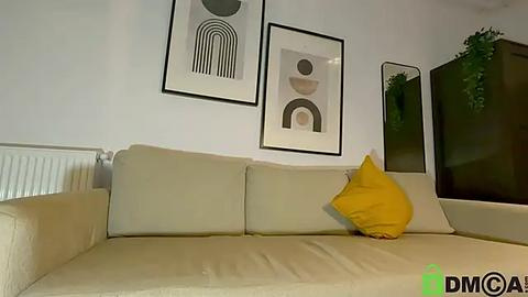 Media: Video of a modern living room featuring a beige couch with a mustard-yellow pillow, minimalist geometric artwork on the white walls, and a radiator below.