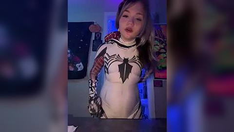 Media: Video of a young woman with light skin and blonde hair, dressed as Spider-Man in a tight, white, black, and red suit, standing in a dimly lit room with posters and a blue light.