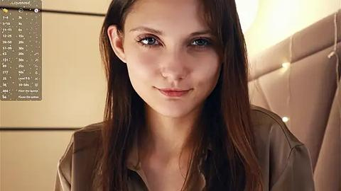 Media: Video of a young woman with long brown hair, fair skin, and brown eyes, wearing a beige shirt, against a beige, padded wall background.