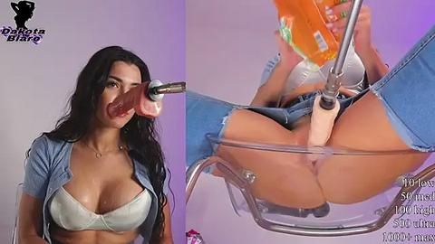 Media: Video: A woman with long black hair and large breasts, wearing a blue shirt, sucks on a large, realistic-looking pink dildo, seated on a transparent chair.