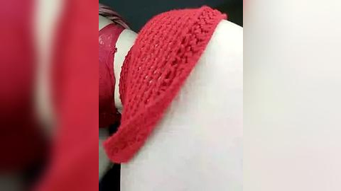 Media: Video of a close-up view of a woman's bare torso, showcasing a red crochet bralette with a lace trim, highlighting the soft, smooth texture of her skin.