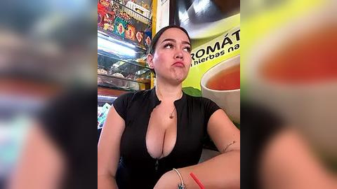Media: Video of a Latina woman with dark hair and fair skin, wearing a low-cut black top, seated in a cafe with a \"ROMATICA\" sign and a coffee cup in the background.