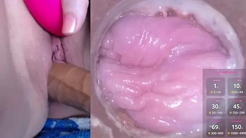 Media: A close-up video shows a woman's pink vulva being penetrated by a beige dildo. The image also features a screen with stats like \"69,\" \"1500,\" and \"45,\" possibly indicating a sexual performance.