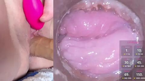 Media: A close-up video shows a pink dildo being inserted into a light-skinned woman's vagina, with visible fluids and a textured surface. The image also features a digital display with various metrics and a timestamp.