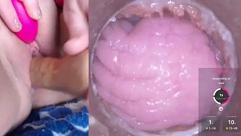 Media: Video showing a close-up of a light-skinned woman's vaginal opening, with a pink vibrator inserted, and a smartphone screen displaying an \"Inserting...\" message.