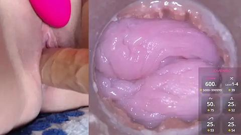 Media: Video of a close-up, detailed view of a pink, glossy, textured object inserted into a light-pink, moist, inner vaginal canal.