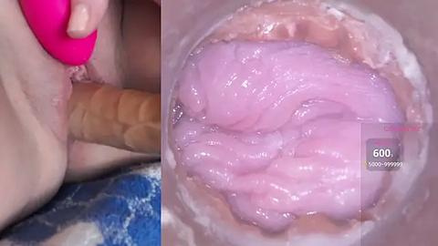 Media: A close-up video shows a pink dildo inserted into a woman's vagina, which is wet and glistening. The background is a blue and white blanket.