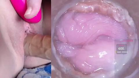 Media: Video of a close-up view of a person's vagina being penetrated with a pink dildo, accompanied by a video screen displaying a progress bar at 60%.