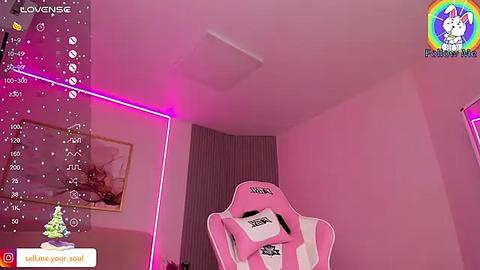 Media: A video of a pink gaming chair in a room with pink neon lighting, a framed picture, and a social media watermark.