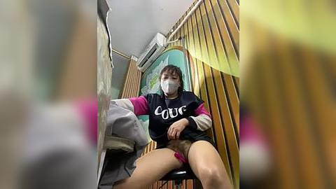 Media: Video of a woman in a surgical mask, wearing a black t-shirt with \"LOVE\" in white, sitting on a wooden stool in a sterile room with yellow curtains, surgical equipment visible.