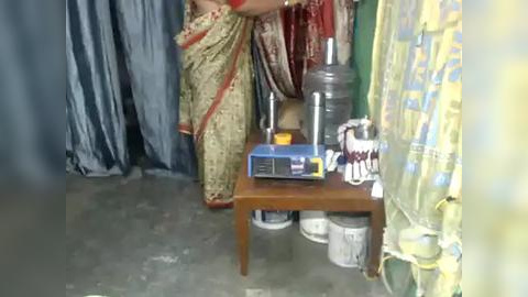 Media: Video of a woman in a floral saree with red borders, standing in a dimly lit room with gray concrete floor, next to a wooden stool holding a blue scale, a metal cylinder, and a white bucket, against a backdrop of blue and yellow curtains.