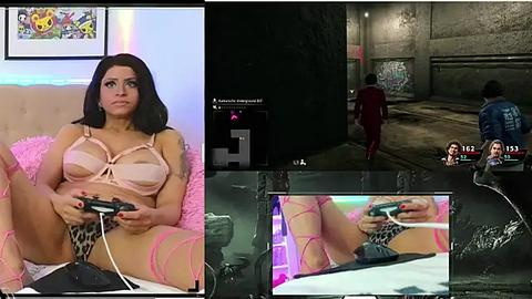 Media: Video montage featuring a woman in a pink bra and leopard-print panties playing a video game, surrounded by colorful walls and a dark alley.