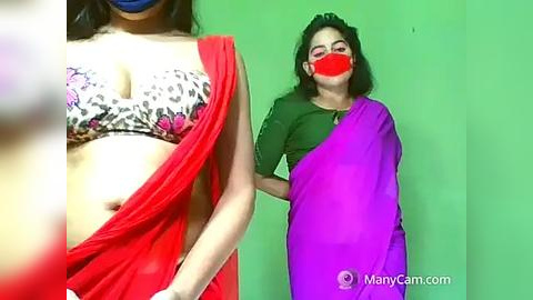 Media: A video shows a woman with a red mask, wearing a purple saree, against a green backdrop. A woman in a leopard-print bra and red saree is partially visible in the background.