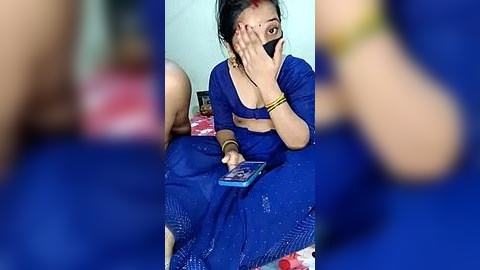 Media: A candid video of a young woman wearing a blue sari, holding a phone, and covering her face with her hand.