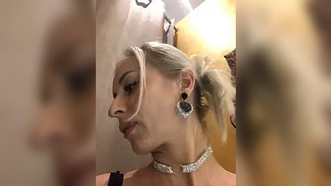 Media: Video of a blonde woman with fair skin, wearing a black top and sparkling choker necklace, her hair tied back, and large dangling earrings. She stands in an indoor setting with warm lighting, partially blurred background.