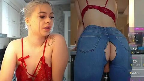 Media: Video of a young woman with light skin and platinum blonde hair in a red lace bra and ripped blue jeans, standing in a modern kitchen, showcasing her slender physique and small breasts.