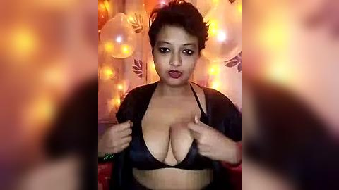 Media: Video of a curvaceous, light-skinned woman with dark hair, wearing a black bra and robe, with a sultry expression. Warm, ambient lighting with festive balloons in the background.