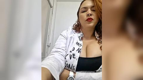 Media: Video of a curvy Latina woman with long, curly brown hair, red lipstick, and a black bra, wearing a white jacket with \"LIVE\" text. Background features a blurred white wall.