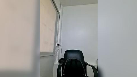 Media: Video of a minimalist, modern room featuring a black leather office chair with armrests, positioned in front of a white wall with a large, light beige window shade partially drawn. The room has a clean, utilitarian design with no visible decorations.