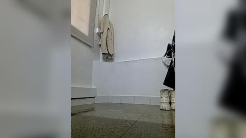 Media: Video of a small, sparsely furnished room with white walls and a beige rug. A beige jacket hangs on a hook, and a pair of black and white shoes sit beside it. The floor is covered in light gray tiles.