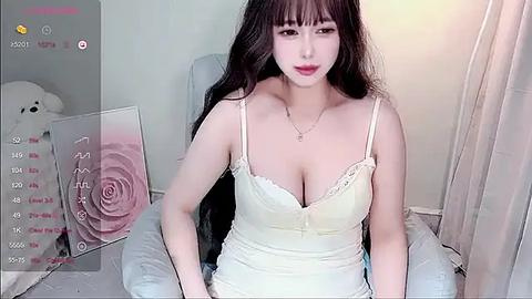 Media: Video of a young Asian woman with long black hair, wearing a pale yellow lace-trimmed camisole, sitting on a light blue chair in a softly lit room.