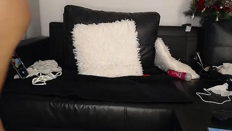 Media: A video of a black leather couch with a white fluffy pillow and a red blanket, surrounded by scattered clothes and electronics in a messy living room.