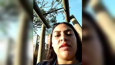 Media: Video of a young woman with olive skin and dark hair, climbing a wooden playground structure under a clear blue sky, with blurred green foliage in the background.