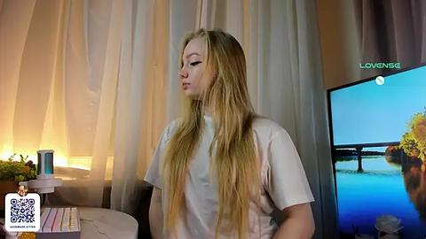 Media: Video of a young blonde woman with long hair, wearing a white t-shirt, standing in front of a TV screen displaying a nature scene.