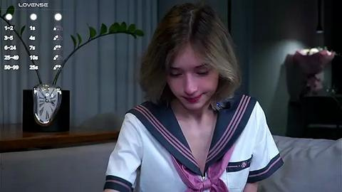 Media: Video of a young woman with light skin and blonde hair, wearing a traditional Japanese schoolgirl outfit, smiling, sitting on a bed in a dimly lit room with a vase of green leaves and a clock.