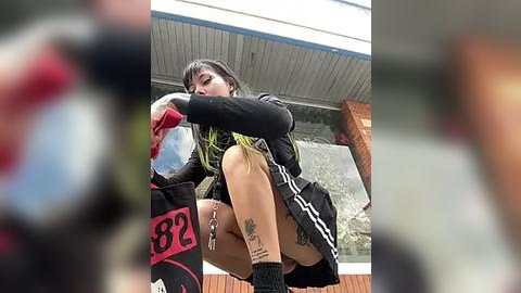 Media: Video of a young woman with long, dark hair in a black Adidas outfit squatting, holding a football. She has a tattoo on her leg. Background shows a building with a glass door and a red brick wall.