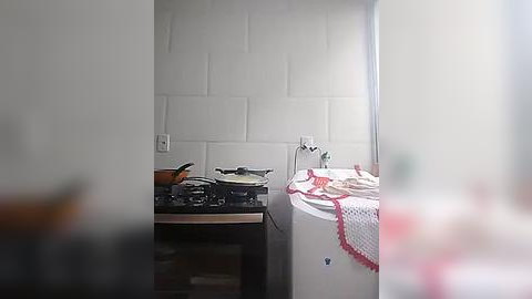 Media: A video of a compact, white-tiled kitchen with a white sink, a stove, and a pot on the stove. A white countertop with a red-checkered dish towel is visible. The background has a light wooden floor.