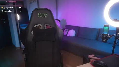 Media: A video of a gaming setup with a black gaming chair, a plush toy on a blue sofa, a ring light, and a phone, in a dimly lit room.