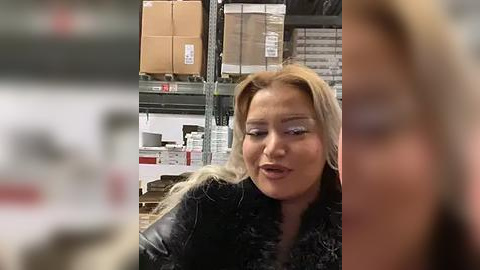 Media: Video of a blonde woman with light skin, wearing a black fur coat, looking shocked in a cluttered warehouse with cardboard boxes and shelves in the background.