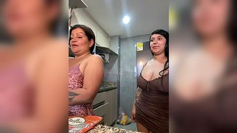 Media: Video of two women in a kitchen; one is heavyset in a leopard print dress, the other is slim in a brown dress.