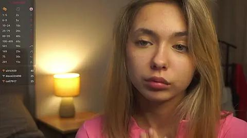 Media: Video of a young, light-skinned woman with long, straight blonde hair, wearing a pink shirt, standing in a dimly-lit room with a warm-toned lamp and a partially visible window.