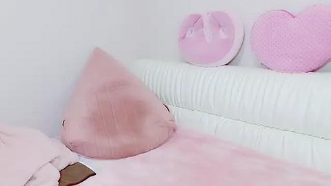 Media: A video of a bed with a pastel pink pillow in the foreground and a white quilted headboard adorned with two heart-shaped pillows, one pink and one white, against a white wall.