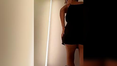 Media: A video of a woman in a black dress standing in a dimly lit room, with a soft light highlighting her silhouette against a beige wall.