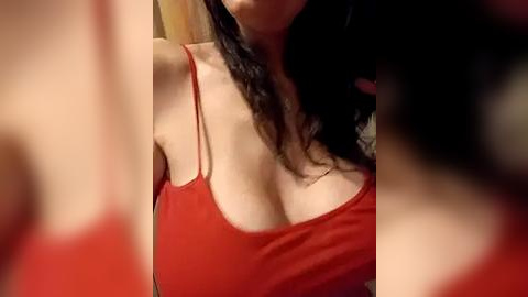 Media: Video of a woman with long, dark hair wearing a low-cut, red spaghetti-strap tank top, showcasing ample cleavage. The background is blurred, with red and beige tones.