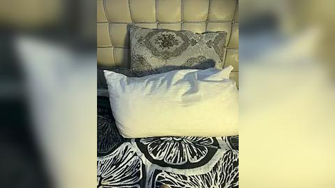 Media: Video of a bed with a beige tufted headboard, a gray patterned pillow, white pillow, and a black and white zebra-patterned duvet cover.