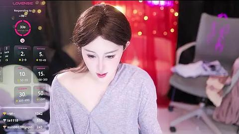 Media: Video of a young East Asian woman with fair skin, long brown hair, wearing a gray off-shoulder top, sitting in a dimly lit room with blurred red and purple lights in the background.