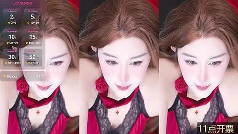 Media: A 3-panel video of a fair-skinned woman with long brown hair, wearing a red dress with a black lace neckline, and a red rose. Each panel shows a different facial expression.